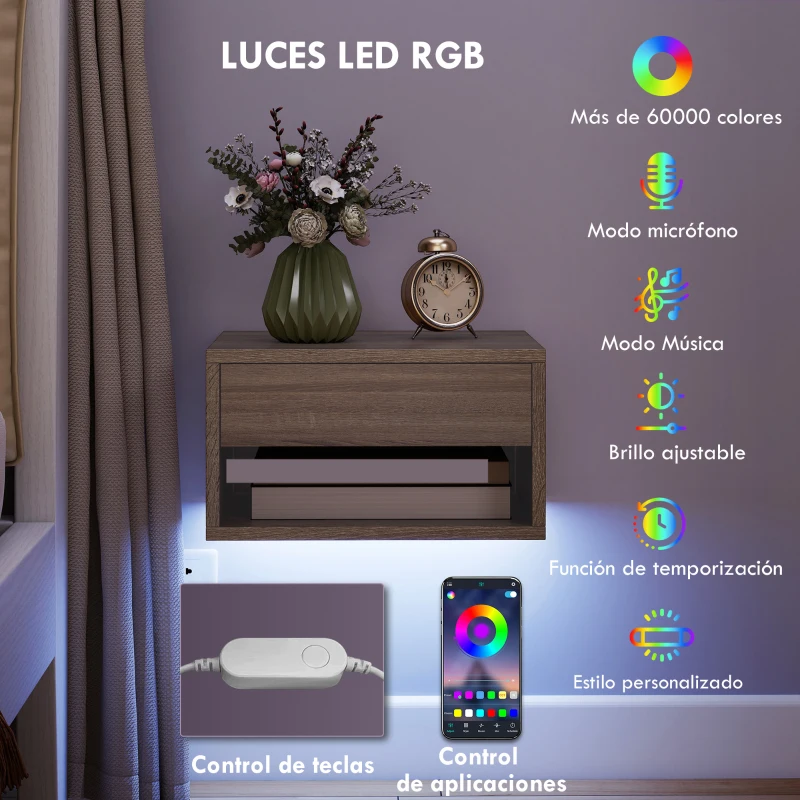 HOMCOM Juego de 2 Mesitas de Noche Flotantes con Luces LED RGB Control de APP Cajón Estante Abierto Natural