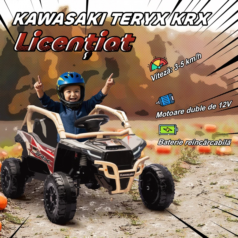 AIYAPLAY ATV Electric pentru Copii 3-8 Ani 12V cu Licență KAWASAKI, Motor Dublu, Telecomandă și Muzică, Galben