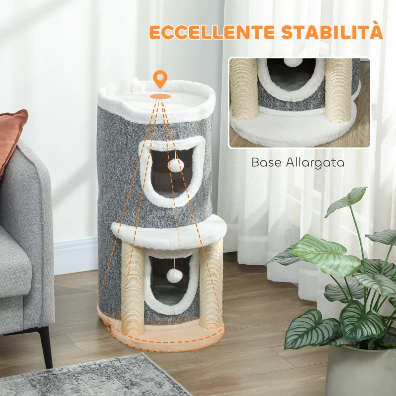 PawHutPawHut Albero Tiragraffi per Gatti Alto 76 cm con Casette, Lettino, Palline e Pali in Sisal, Grigio