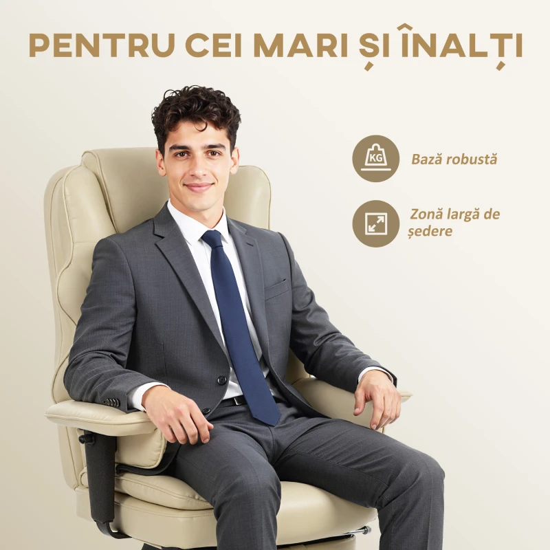 HOMCOM Scaun de birou cu suport pentru picioare și tetieră, din piele PU, spumă și metal, 76x73x117-125 cm, crem