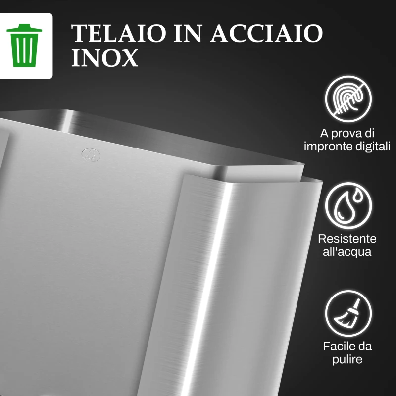 HOMCOM Bidone Immondizia a 3 Sezioni da 20L con Chiusura Silenziosa, in Acciaio Inox e PP, 61.9x36.6x56.7 cm