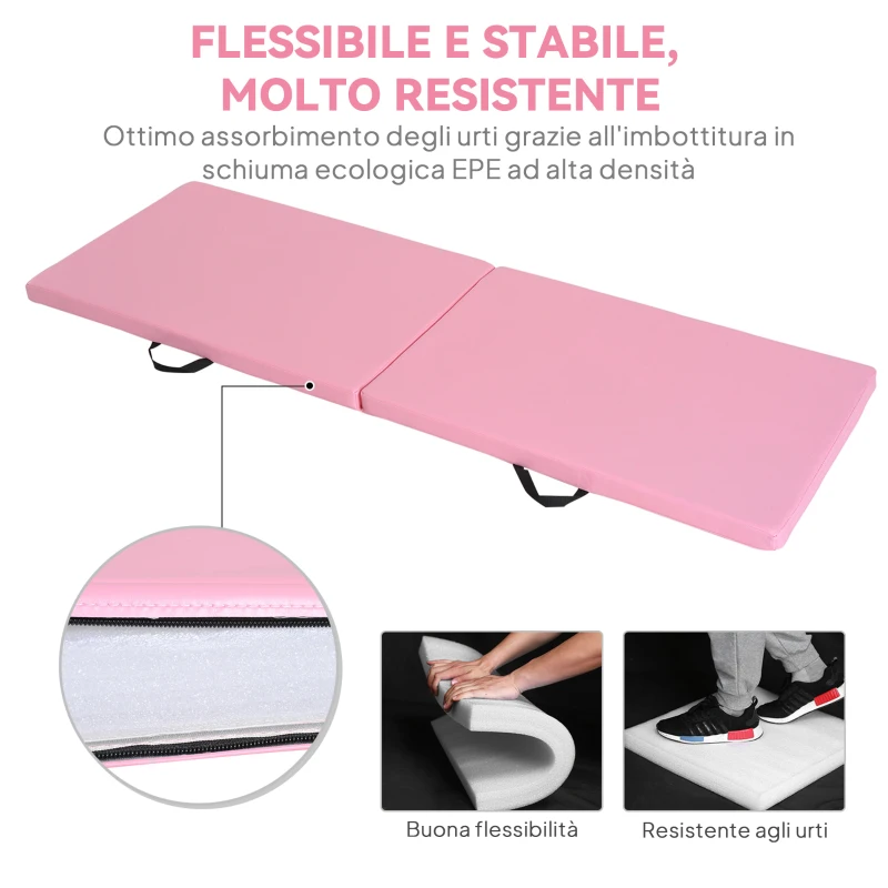 HOMCOM Tappetino da Ginnastica Pieghevole, Materassino Fitness Spesso 5 cm e Antiscivolo, 180x60x5 cm, Rosa