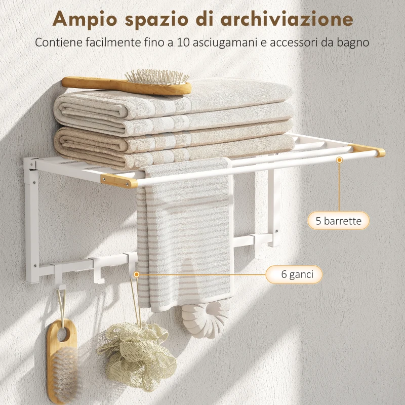 HOMCOM Portasciugamani a Parete Pieghevole con 5 Barre e 6 Ganci in Legno e Acciaio, 60x32.5x20 cm, Bianco