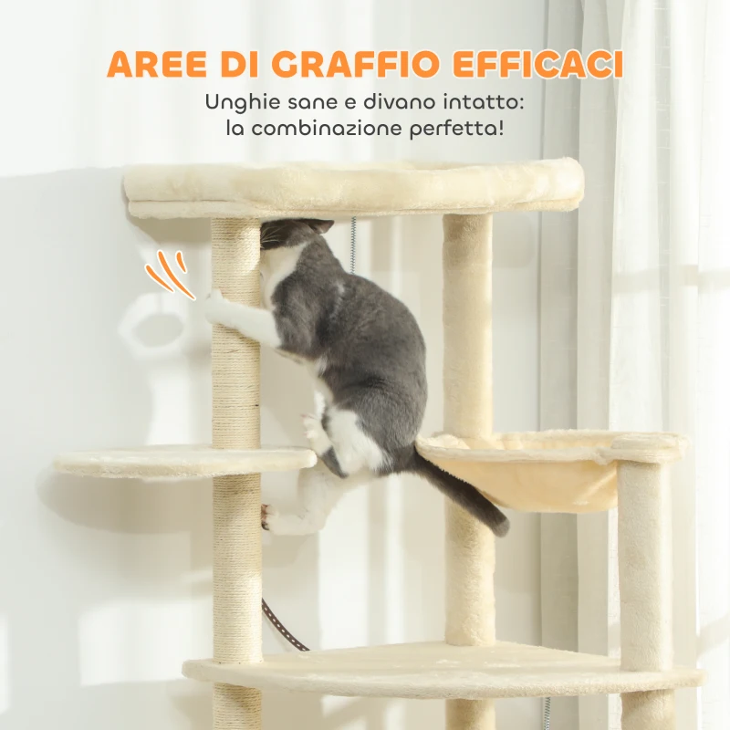 PawHut Albero per Gatti Alto 200 cm Multilivello con 2 Casette, 2 Lettini e Amaca, Struttura per 2-3 Gatti, Beige
