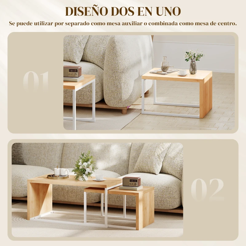 HOMCOM Juego de 2 Mesas de Centro Mesa Nido Moderna Marco de Metal para Salón 90x48x42 cm y 59x42x36 cm Natural y Blanco