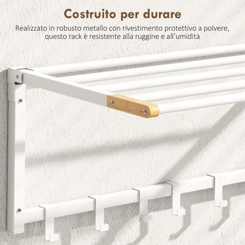 HOMCOM Portasciugamani a Parete Pieghevole con 5 Barre e 6 Ganci in Legno e Acciaio, 60x32.5x20 cm, Bianco