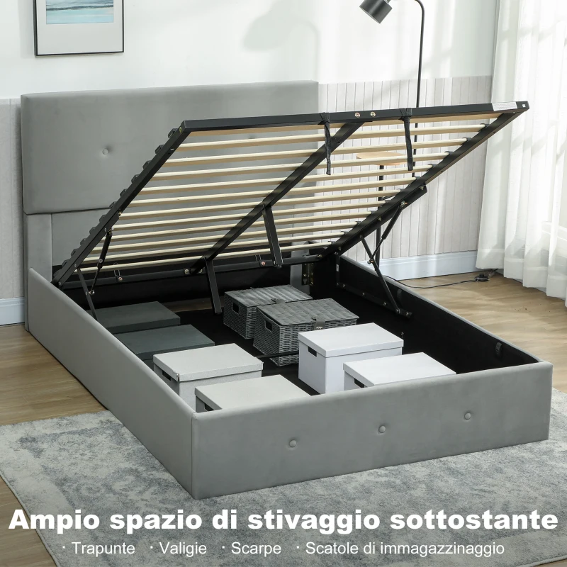 HOMCOM Letto Contenitore con Spazio a Scomparsa e Testiera Vellutata a Trapunta, in Legno e Metallo, 195x141x106 cm, Grigio