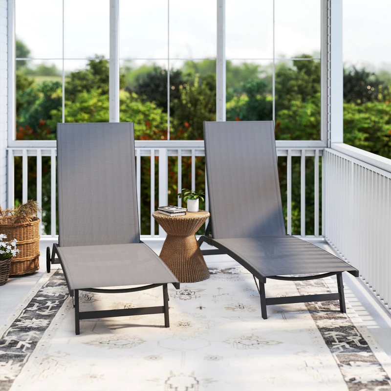Outsunny Conjunto de 2 Espreguiçadeiras para Exterior com Encosto Ajustável em 5 Níveis e Rodas para Praia Piscina 165x66x102cm Cinza