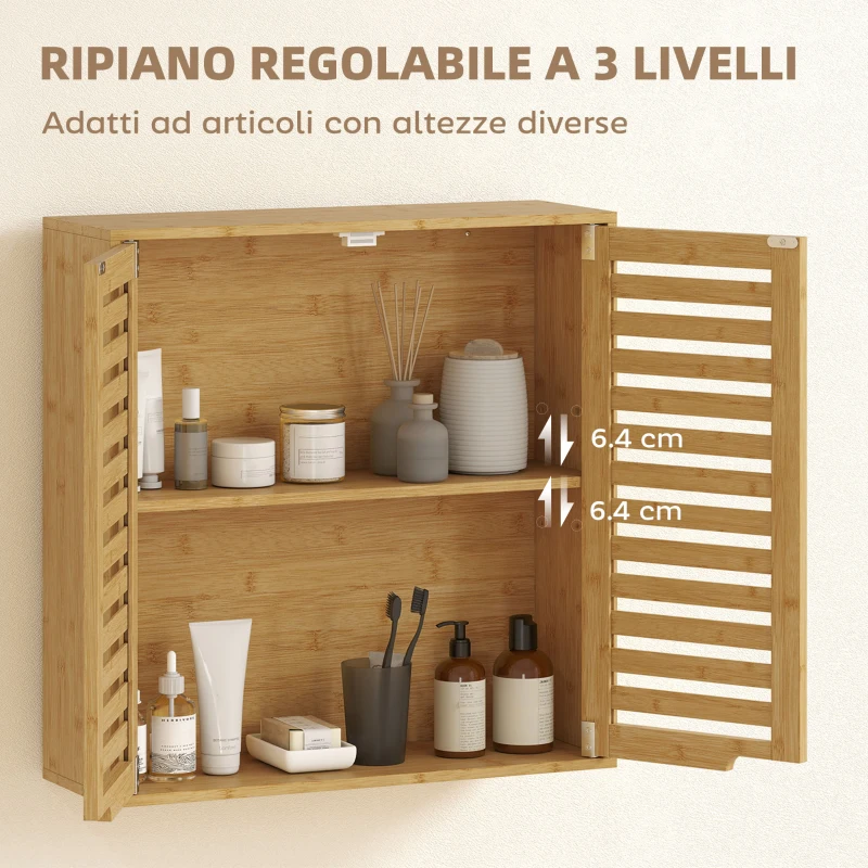 HOMCOM Pensile Bagno con Ripiano Interno Regolabile e Ante a Persiana, in Bambù, 60x20x60 cm, color Legno