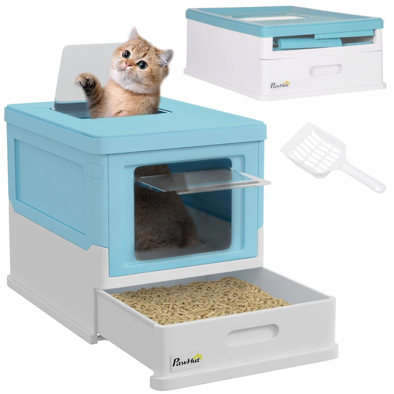 PawHut Lettiera per Gatti Chiusa con Paletta, Vassoio Estraibile e 2 Porte, 47.5x35.5x36.7cm, Azzurro