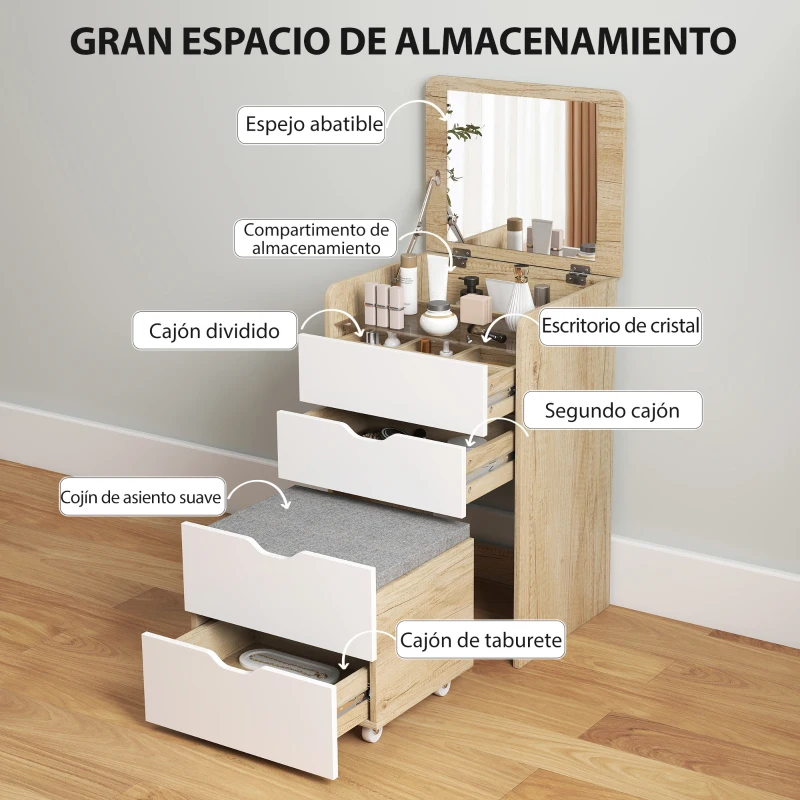 HOMCOM Tocador de Maquillaje 3 en 1 con Taburete Oculto y Espejo Abatible Mesa de Maquillaje de Vidrio Visible Roble y Blanco