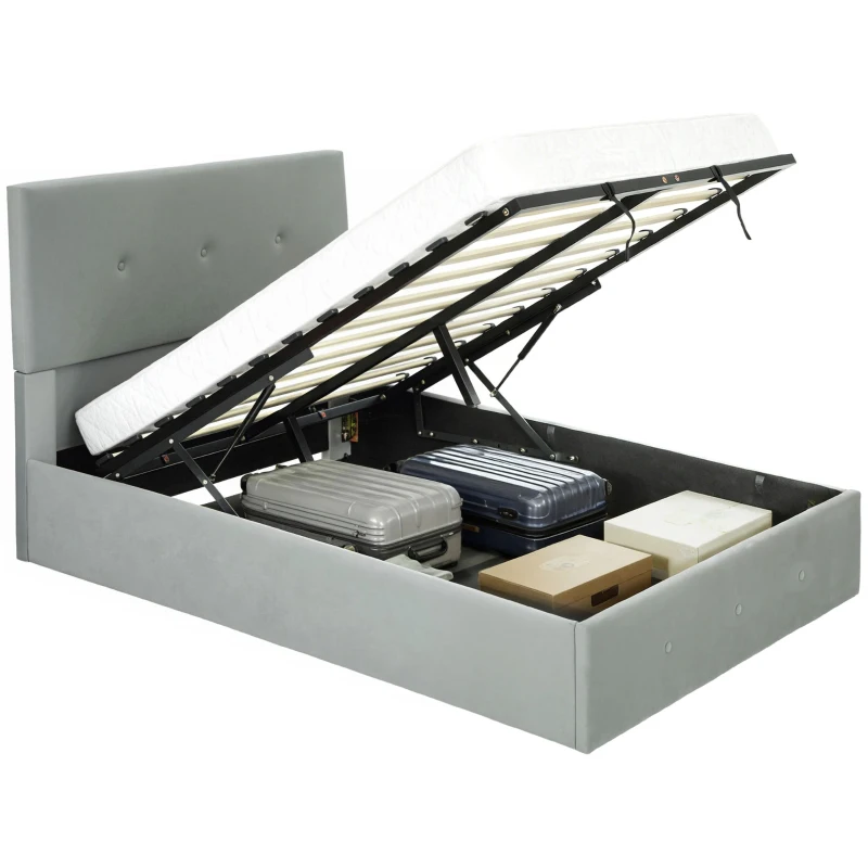 HOMCOM Letto Contenitore con Spazio a Scomparsa e Testiera Vellutata a Trapunta, in Legno e Metallo, 195x141x106 cm, Grigio