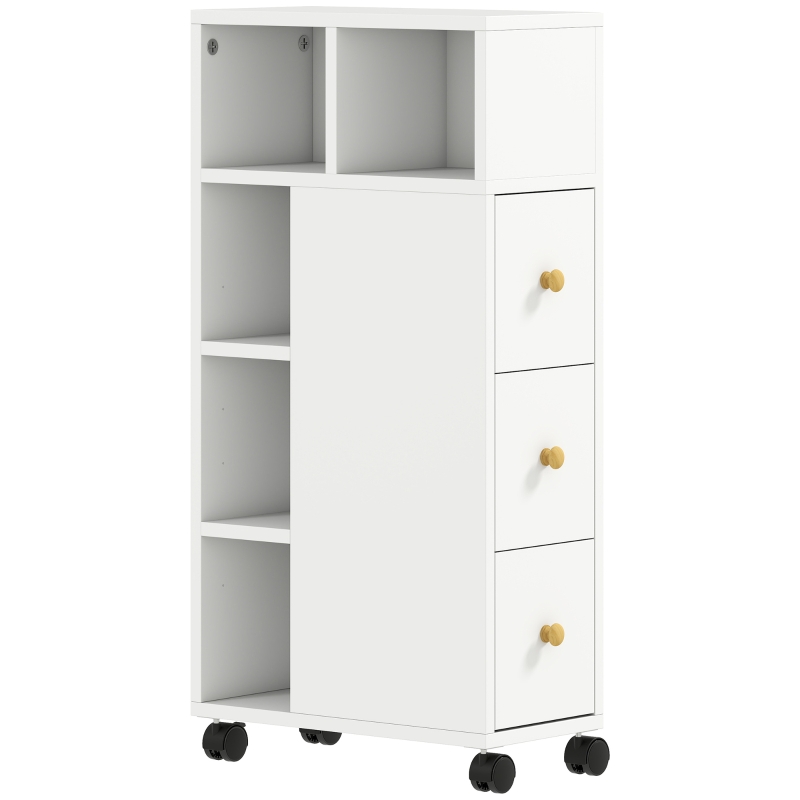 HOMCOM Badezimmerschrank Schmal, Badschrank mit 4 Rollen, 3 Schubladen, 5 offenen Fächern, 20x40x80cm, Weiß