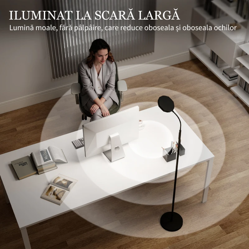 HOMCOM Lampă de Podea LED cu Telecomandă, Cap Rotativ, Reglare Luminozitate și Temperatură, Negru