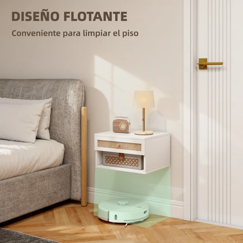 HOMCOM Juego de Mesitas de Noche Flotantes con Cajón de Ratán y Estante Abierto para Dormitorio 40x34x23cm Blanco