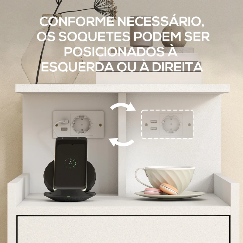 HOMCOM Mesa de Cabeceira com Estação de Carregamento Portos USB Gaveta e Prateleiras Abertas 40x40x60 cm Branco