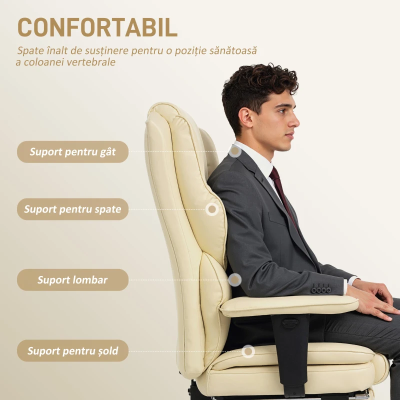 HOMCOM Scaun de birou cu suport pentru picioare și tetieră, din piele PU, spumă și metal, 76x73x117-125 cm, crem