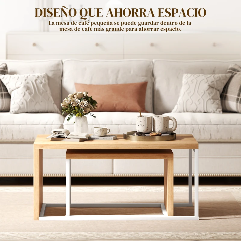 HOMCOM Juego de 2 Mesas de Centro Mesa Nido Moderna Marco de Metal para Salón 90x48x42 cm y 59x42x36 cm Natural y Blanco