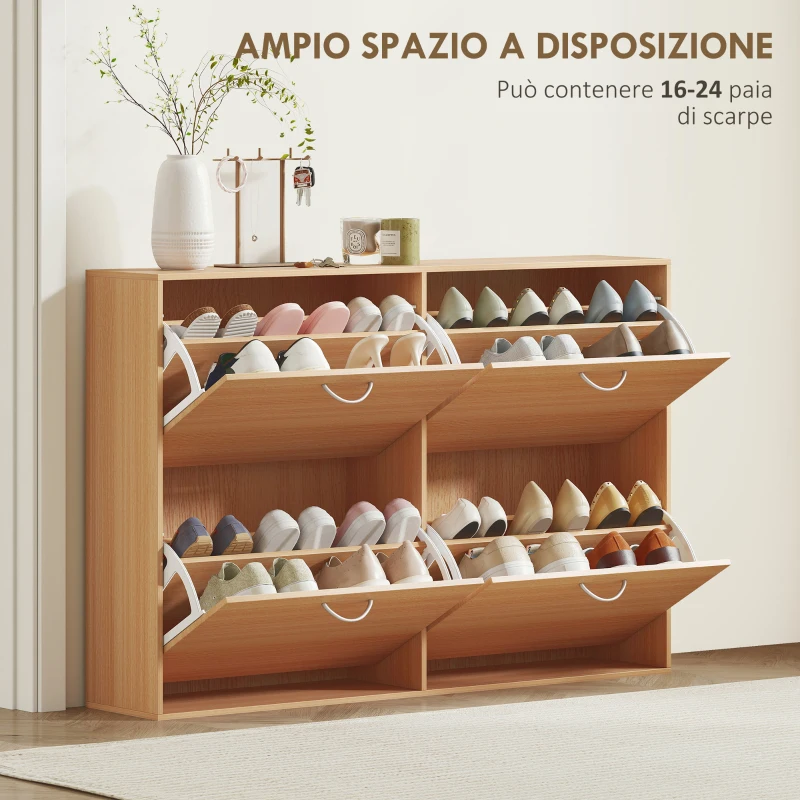 HOMCOM Scarpiera Ingresso Salvaspazio Slim con 4 Ante a Ribalte, Mobile Scarpiera Moderna per 24 Paia di Scarpe con Ripiani Regolabili, Portascarpe in Legno, 120x24x81cm, Color Legno