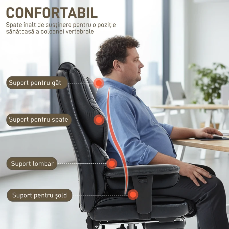 HOMCOM Scaun de birou cu suport pentru picioare și tetieră, din piele PU, spumă și metal, 76x73x117-125 cm, negru