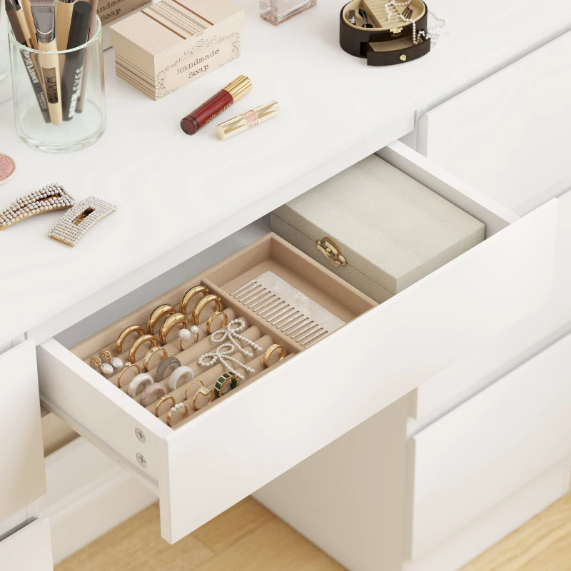 HOMCOM Toeletta Trucco con Specchio Stile Hollywood, 8 Luci LED, 7 Cassetti e Sgabello Imbottito, Bianco