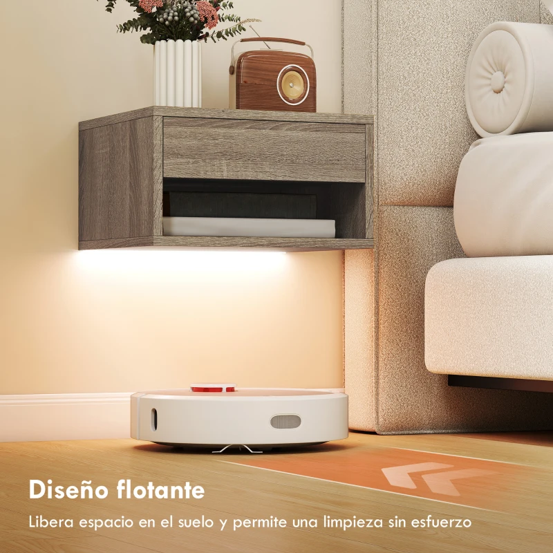 HOMCOM Juego de 2 Mesitas de Noche Flotantes con Luces LED RGB Control de APP Cajón Estante Abierto Natural