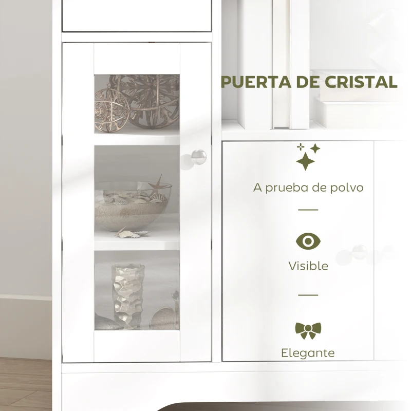 HOMCOM Aparador de Cocina Moderno con Puerta de Vidrio Mueble Auxiliar de Almacenaje para Comedor 80x30x82 cm Blanco