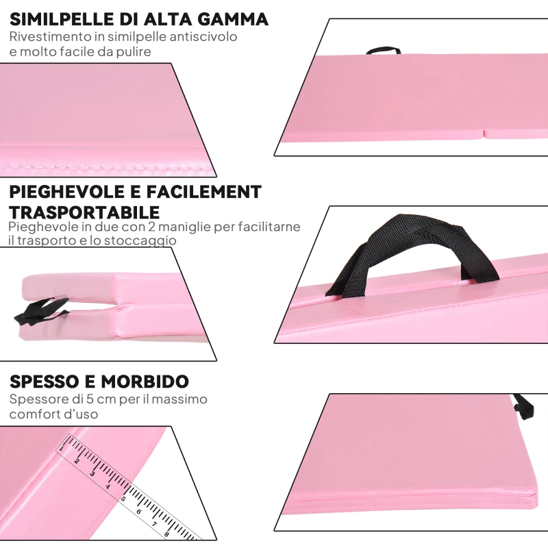 HOMCOM Tappetino da Ginnastica Pieghevole, Materassino Fitness Spesso 5 cm e Antiscivolo, 180x60x5 cm, Rosa