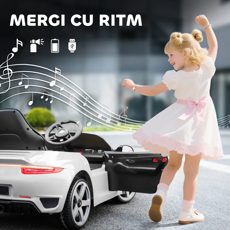 AIYAPLAY Mașină pentru Copii 3-5 Ani cu Licență Oficială RUF GT, Telecomandă, Centură de Siguranță și Muzică, Alb