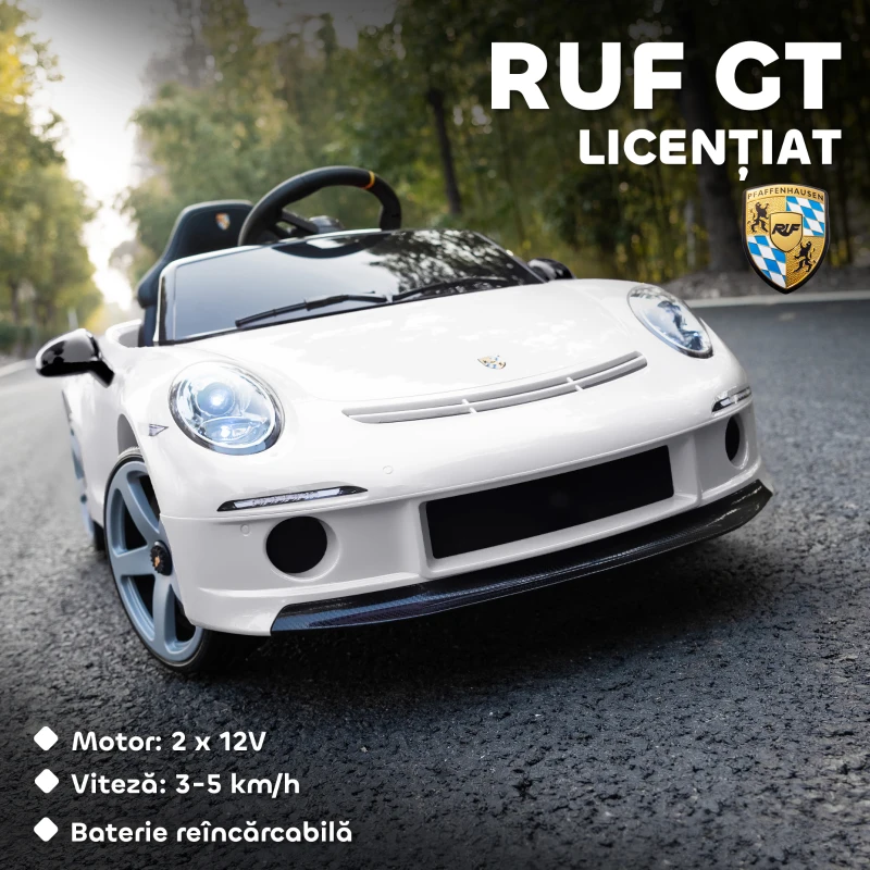 AIYAPLAY Mașină pentru Copii 3-5 Ani cu Licență Oficială RUF GT, Telecomandă, Centură de Siguranță și Muzică, Alb