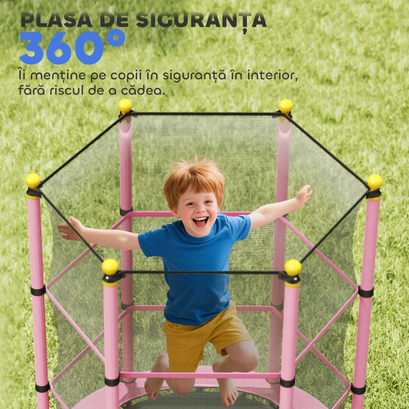 HOMCOM Trambolină Elastică pentru Copii 3-10 Ani cu Plasă de Siguranță și Țevi Capitonate, Ø140x190 cm, Roz