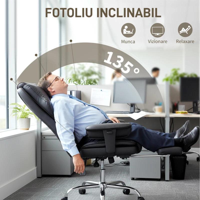 HOMCOM Scaun de birou cu suport pentru picioare și tetieră, din piele PU, spumă și metal, 76x73x117-125 cm, negru