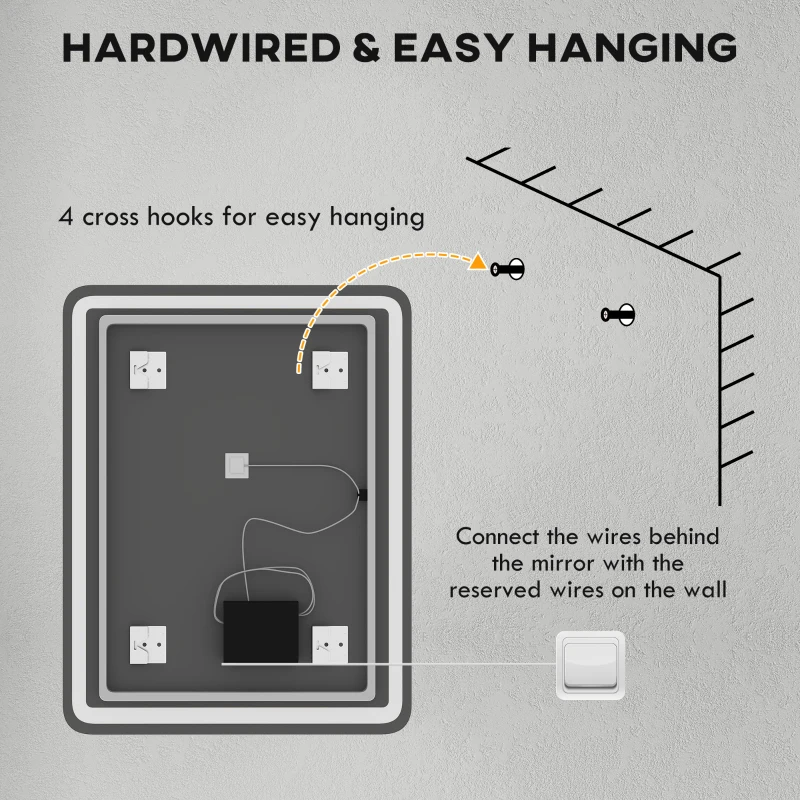 HOMCOM Oglindă de Baie LED Touch cu Lumină Dimmabilă, la 3 Temperaturi și Antiaburire, 70x90 cm