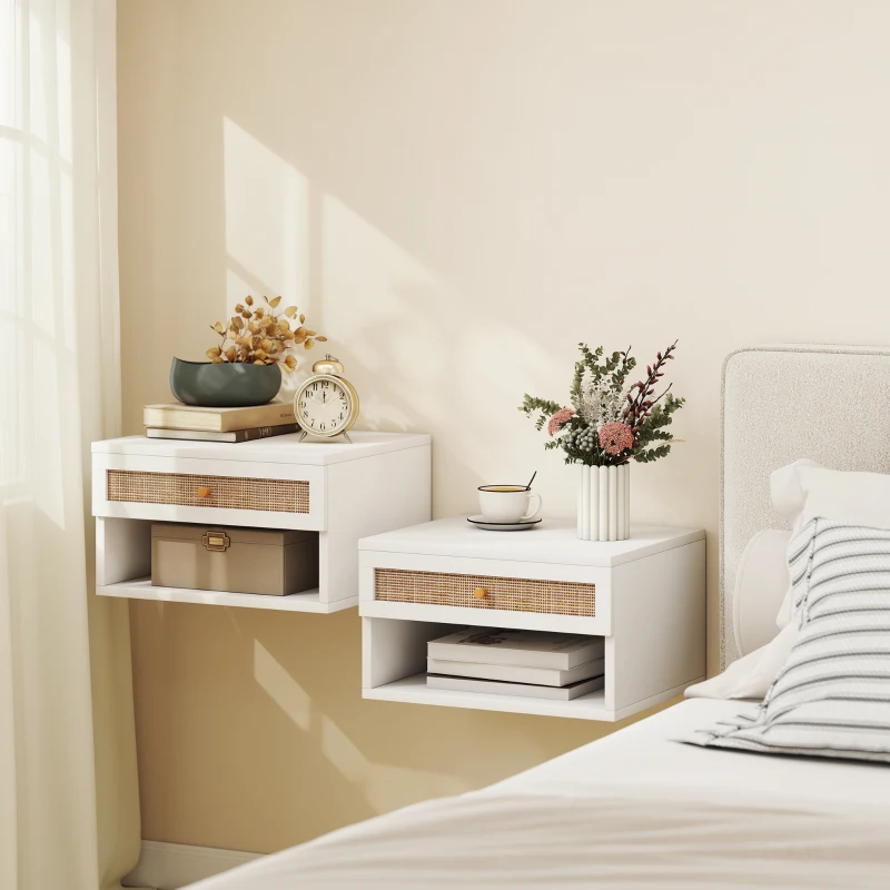 HOMCOM Juego de Mesitas de Noche Flotantes con Cajón de Ratán y Estante Abierto para Dormitorio 40x34x23cm Blanco