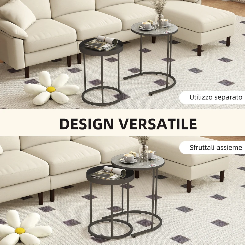 HOMCOM Set 2 Tavolini da Salotto Impilabili in Stile Industriale, in Legno e Metallo, Ø42x54 cm e Ø36.5x48.5 cm, Grigio e Nero
