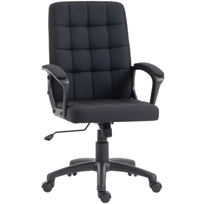 Vinsetto Scaun de birou rotativ tapițat în stofă cu aspect de in sintetic, înălțime reglabilă, basculant, spătar mediu, cotiere, negru
