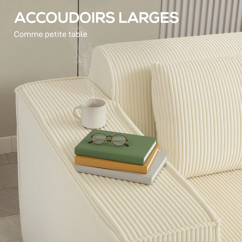 HOMCOM Canapé 3 places en velours côtelé, canapé rembourré, larges accoudoirs, 2 coussins, pas de montage, 202x90x76cm, beige
