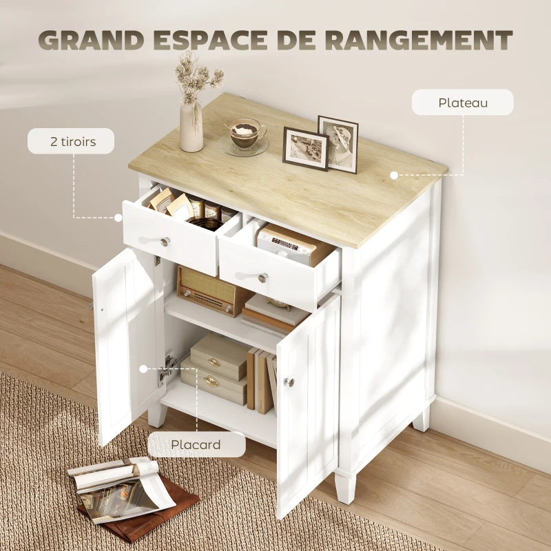 HOMCOM Buffet de cuisine meuble de rangement pour chambre, salon bureau avec 2 portes 2 tiroirs 76 x 48 x 91 cm blanc