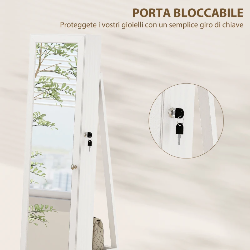 HOMCOM Specchio Portagioie Girevole per Camera da Letto con 2 Chiavi, in Legno Bianco e Vetro, 38x38x160 cm