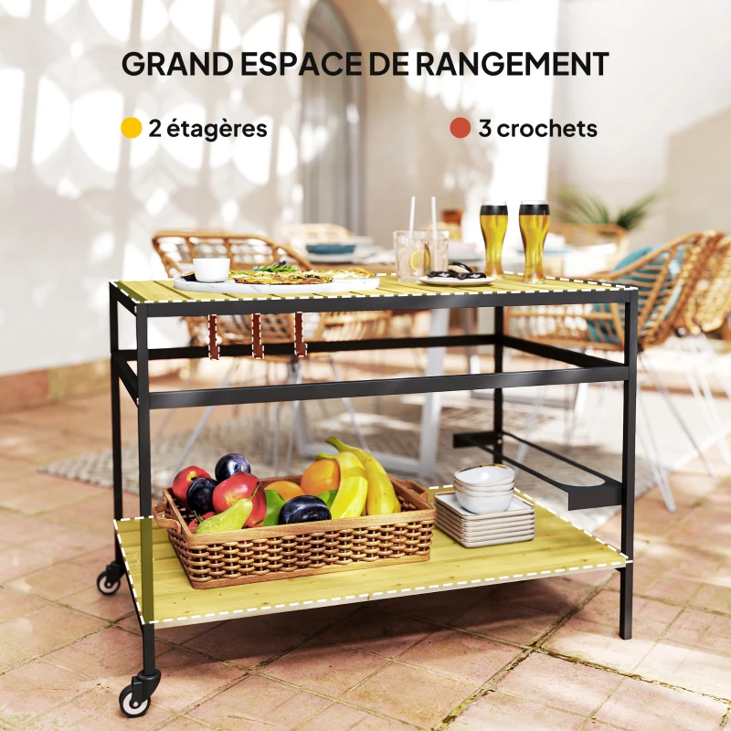 Outsunny Desserte de jardin chariot pour plancha en bois et métal 2 étagères 3 crochets 107 x 65 x 80 cm noir naturel