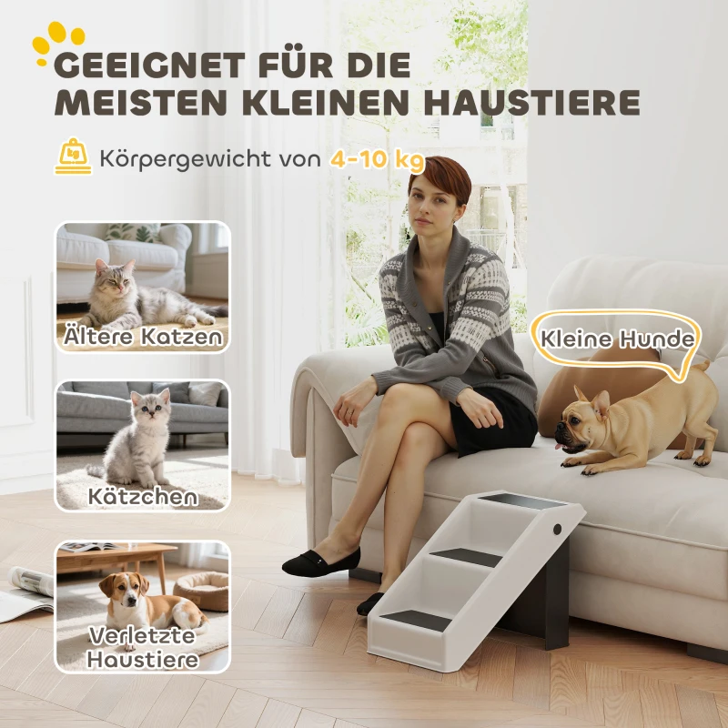 PawHut Hundetreppe 3 Stufen 36,5 cm Hoch Haustiertreppe für Kleine Hunde klappbar für Bett, Sofa, Couch Auto Cremeweiß