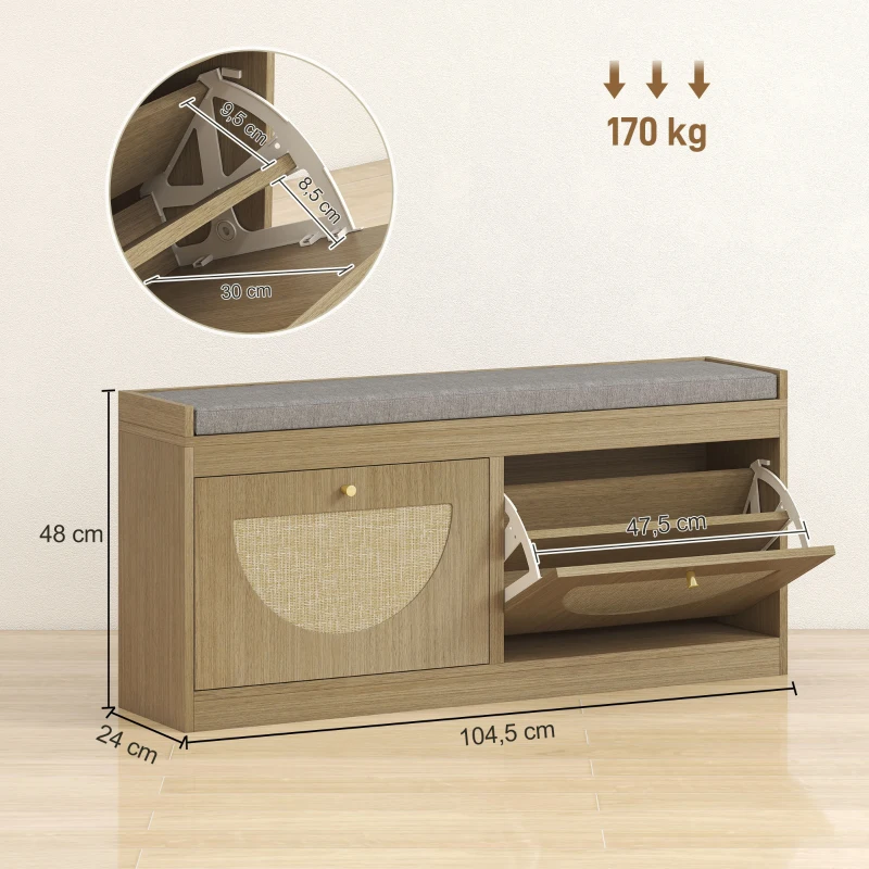 HOMCOM Banco Zapatero con Asiento Acolchado Puertas Frentes de Ratán Estante Ajustable para 8 Pares de Zapatos Natural