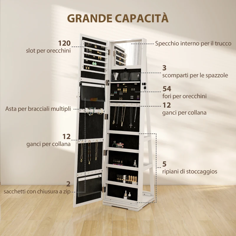 HOMCOM Specchio Portagioie Girevole per Camera da Letto con 2 Chiavi, in Legno Bianco e Vetro, 38x38x160 cm