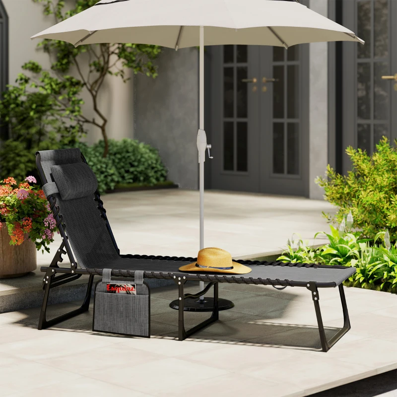 Outsunny Tumbona plegable baño de sol respaldo reclinable 5 niveles reposacabezas desmontable 189 x 58 x 30 cm gris