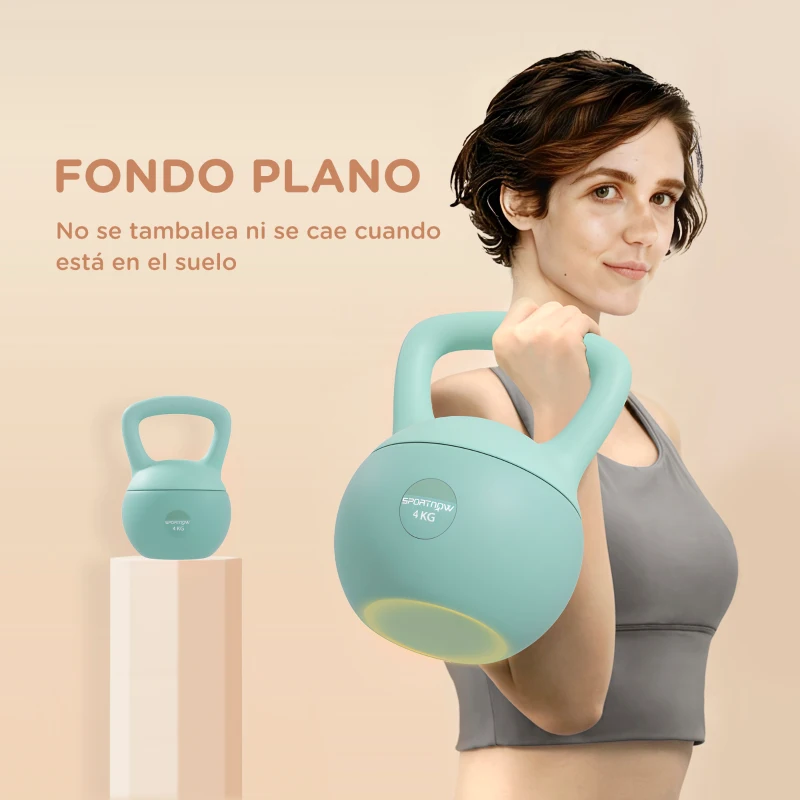 SPORTNOW Pesa Rusa 4 kg Kettlebell Relleno de Arena Metálica y Mango Antideslizante para Entrenamiento en Casa 19x15x25 cm Verde
