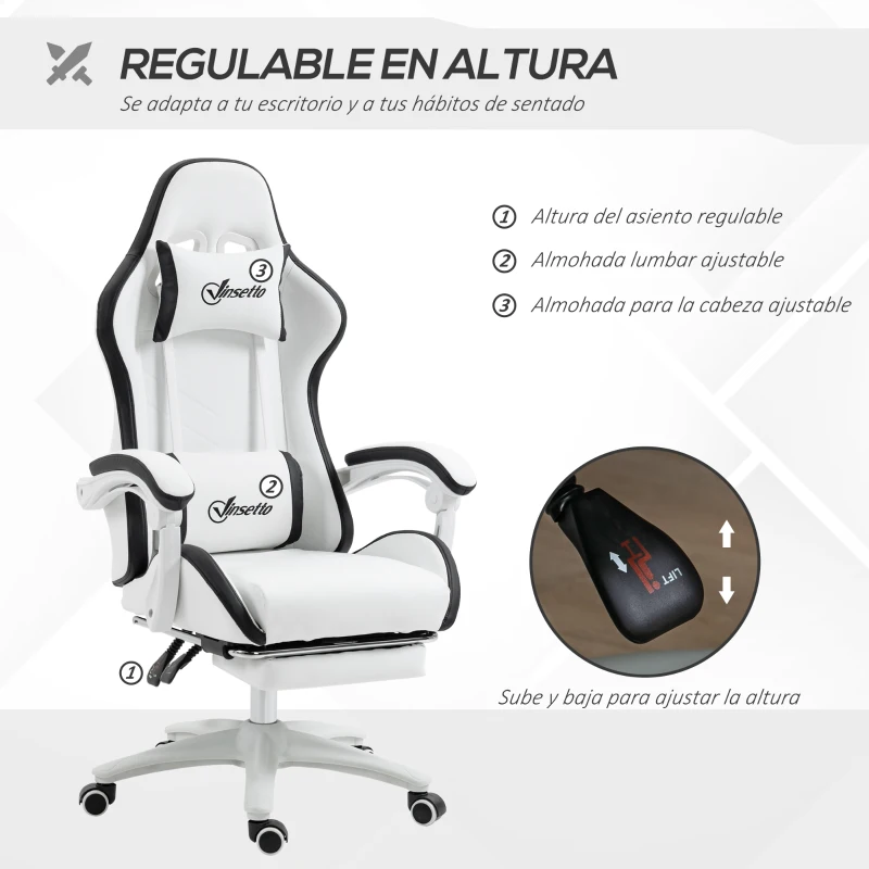 Vinsetto Silla Gaming Silla Gamer de Cuero PU Altura Ajustable Reclinable 135° Reposacabezas y Reposapiés 65x65x121-129 cm Blanco