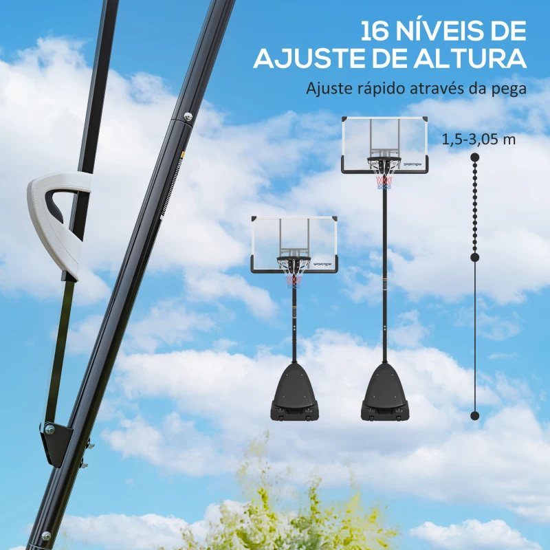 SPORTNOW Tabela de Basquetebol para Exterior Altura Ajustável em 16 Níveis 150-305 cm com Rodas e Base Recarregável  Preto