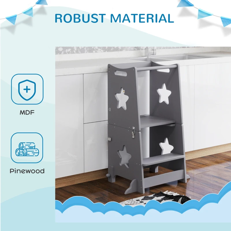 AIYAPLAY 2-in-1 Toddler Step Stool with Safety Rail for Kitchen, Bathroom, Grey