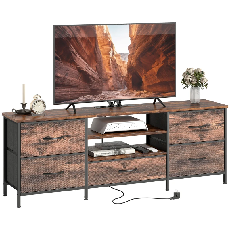 HOMCOM Meuble TV 140 cm, meuble télé 65 pouces, station de charge, 5 tiroirs en tissu, étagères ouvertes, 140x30x50cm, marron