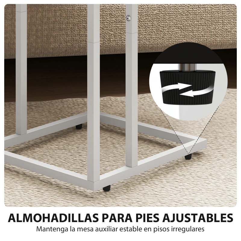 HOMCOM Mesa Auxiliar para Sofá con Encimera Plegable y Estación de Carga Forma de C para Salón Blanco y Natural